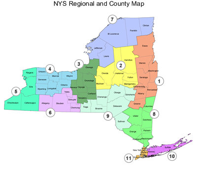 Clickable New York State regional map – select a region or county to filter projects